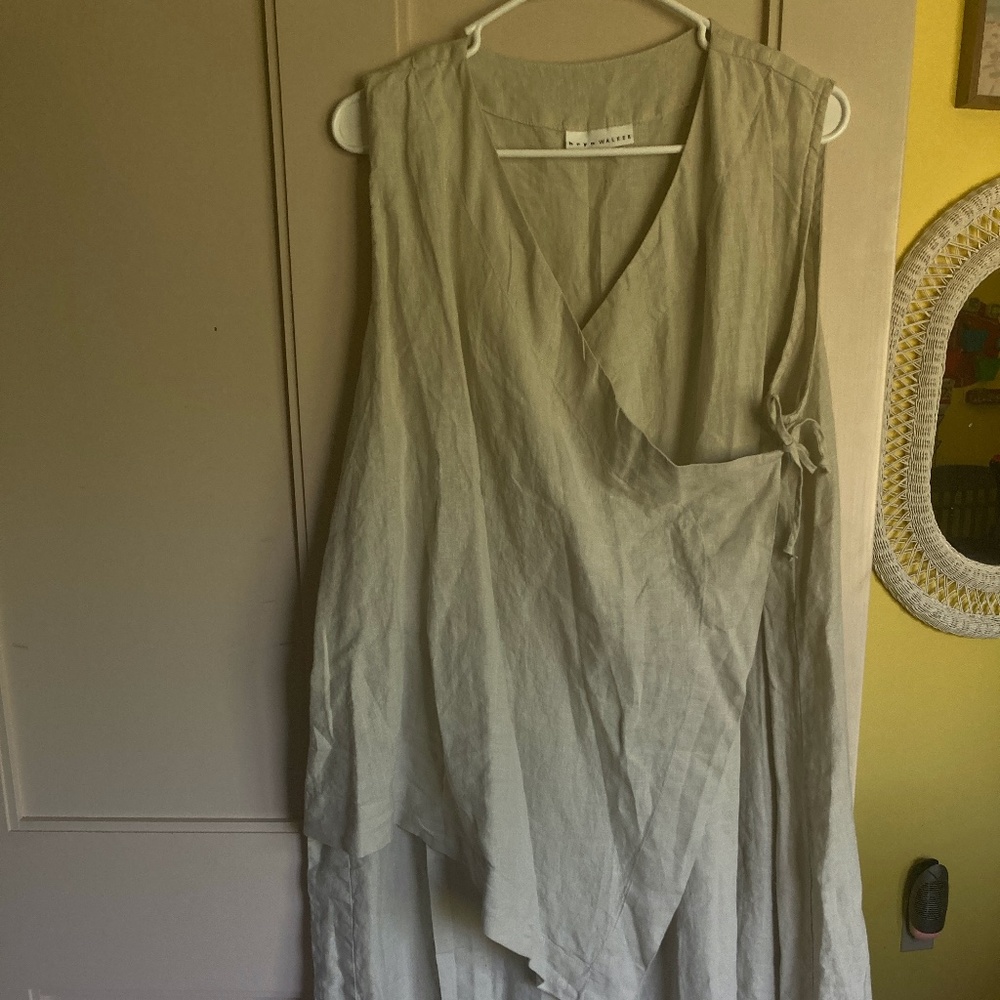 Bryn Walker high end linen asymmetrical zen wrap dress  L, stone color